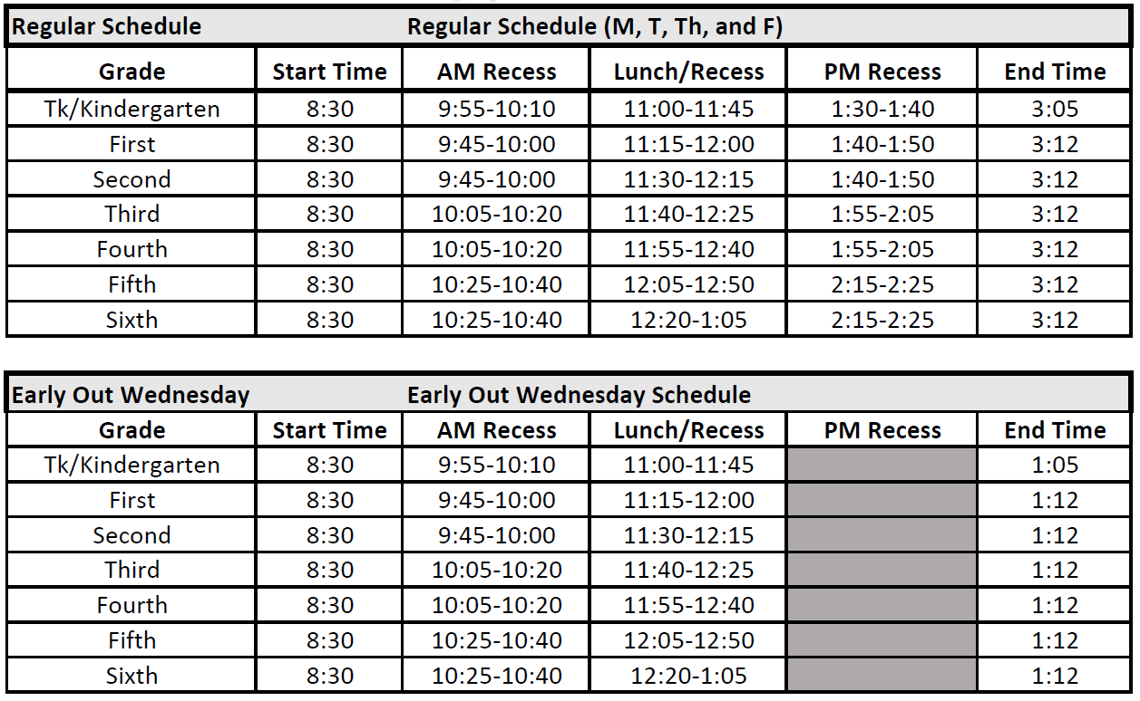 Regency Park Elementary TK 6 Bell Schedule